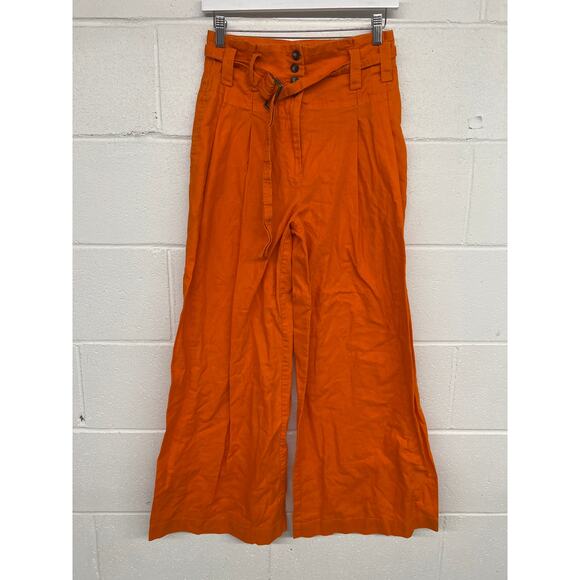 Eudon Choi Sz 6 solid orange High Waist Pleated Wide Leg Pants Linen trouser - Picture 4 of 6